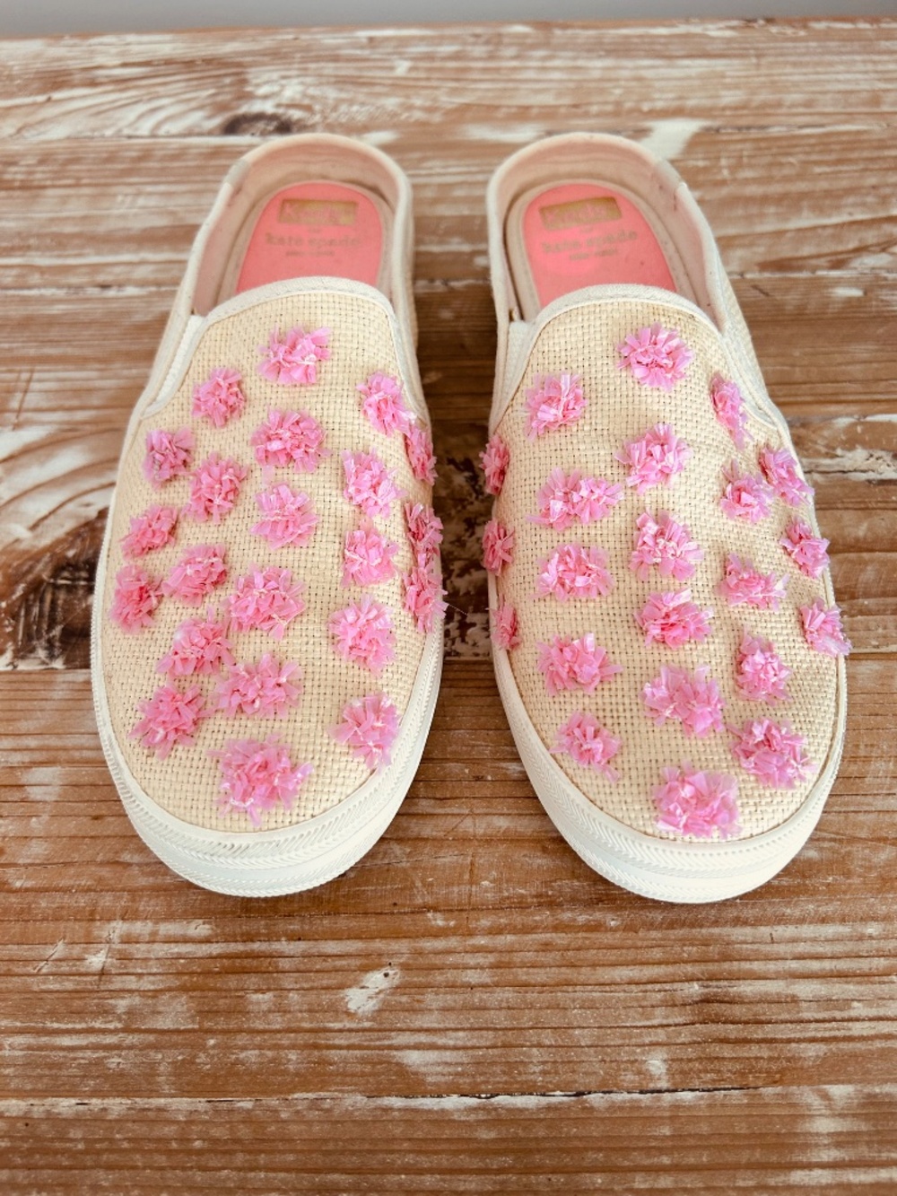 NWOB Keds x Kate Spade Double Decker Pink Pom Pom Raffia Mule Sneakers Sz 8.5